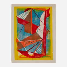 Swinging by Josef Zenk, woodcut in colors on rice paper, sold Feb 2024
