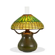 Grueby Faience Company and Tiffany Studios, Table lamp: Jeweled Feather shade on base