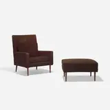 Paul McCobb, lounge chair, model 302 and ottoman, c. 1955, upholstery, lacquered birch