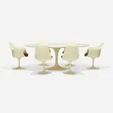 dining set by Eero Saarinen, 1956, enameled steel, laminate over lacquered wood, enameled aluminum, molded fiberglass, upholstery, sold Sep 2018