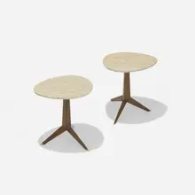 occasional tables model 3399-1, pair by John Widdicomb, 1957, travertine, teak, brass, sold Sep 2018