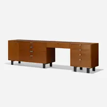 vanity set by George Nelson & Associates, 1950, walnut, lacquered wood, aluminum, mirrored glass, sold Sep 2018
