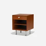 Thin Edge nightstand, model 5207 by George Nelson & Associates, 1952, teak, matte chrome-plated steel, porcelain, sold Sep 2018