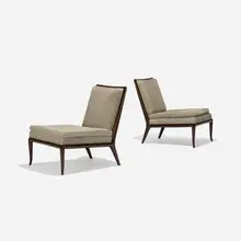 lounge chairs, pair by T. H. Robsjohn-Gibbings, c. 1950, walnut, upholstery, sold Sep 2018