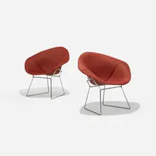 Diamond chairs, pair by Harry Bertoia, 1952, enameled steel, upholstery, sold Sep 2018
