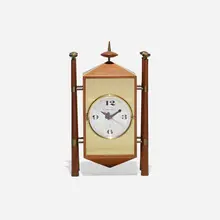 Baroque table clock, model 2255 by George Nelson & Associates, 1957, stained walnut, brass, glass, aluminum, enameled aluminum, sold Sep 2018