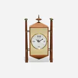 George Nelson & Associates, Baroque table clock, model 2255, 1957, stained walnut, brass, glass, aluminum, enameled aluminum