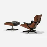 Charles and Ray Eames, 670 armchair and 671 rotating ottoman, 1956, molded rosewood plywood, enameled aluminum, leather, enameled steel, down fill, rubber