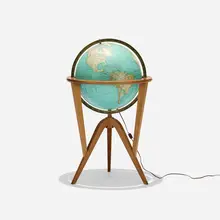 Cosmopolitan Globe by Edward Wormley, 1953, walnut, brass, printed paper over plastic, sold Sep 2018