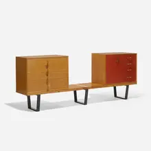 George Nelson & Associates, Slat bench, model 4690 with cabinets, 1952, birch, combed oak, lacquered wood, bleached mahogany, aluminum