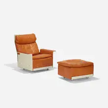 620 lounge chair and ottoman by Dieter Rams, 1962, lacquered fiberglass, leather, aluminum, matte chrome-plated steel, sold Sep 2018