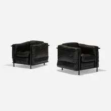 Pierre Jeanneret, LC2 chairs, pair, leather, enameled steel