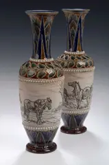 Doulton Lambeth, A pair of stoneware vases by Hannah B Barlow,, A pair of stoneware vases by Hannah B Barlow,
