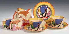 Clarice Cliff, A 'Blue Autumn' Bon Jour tea set for two,