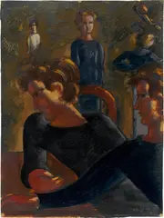 Oskar Schlemmer, Szene am Tisch II, 1937, Öl auf Ölpapier auf Papier, auf Leinwand aufgezogen