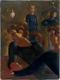 Oskar Schlemmer, Szene am Tisch II, 1937, Öl auf Ölpapier auf Papier, auf Leinwand aufgezogen