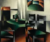 Arthur Segal, Interieur mit vier Blickpunkten, 1928, Öl auf Holz