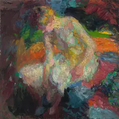Franz Nölken, Sitzender Akt beim Ankleiden, 1908, Öl auf Leinwand. Doubliert