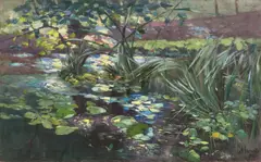 Karl Hagemeister, Teich in der Mark mit Seerosen und Schilfhalmen, 1907, Öl auf Leinwand