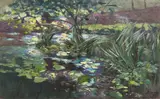 Karl Hagemeister, Teich in der Mark mit Seerosen und Schilfhalmen, 1907, Öl auf Leinwand