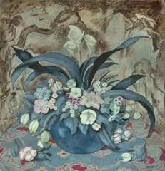 Emil Orlík, Großes Blumenstillleben in blauer Vase, 1914, Öl über Kreide auf Leinwand