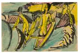 Badende mit Einbaum am Strand von Fehmarn by Ernst Ludwig Kirchner, 1914, Ölkreide und Aquarell über Tuschfeder auf leichtem Karton (Postkarte), sold Nov 2019