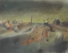 Stanislav Kolíbal, Landscape with a Train Line, 1944, watercolour, pastel, cardboard