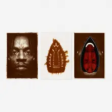 Willie Cole, Man, Spirit, and Mask, 1999, photoetching with embossing and hand-coloring; screenprint with lemon juice and scorching; photoetching and woodcut