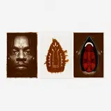 Willie Cole, Man, Spirit, and Mask, 1999, photoetching with embossing and hand-coloring; screenprint with lemon juice and scorching; photoetching and woodcut