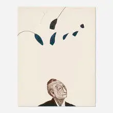 Abiquiu Afternoon (portrait of Georgia O'Keefe with Calder Mobile) by Fritz Scholder, 1971, lithograph in colors, sold Feb 2024