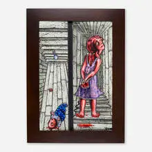 Judith Schaechter, Murder and Child, 1993, sandblasted, engraved, and enameled stained glass, copper foil, paint, lightbox