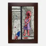 Judith Schaechter, Murder and Child, 1993, sandblasted, engraved, and enameled stained glass, copper foil, paint, lightbox