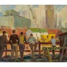 Ted Smushkiewicz, Men Observing Construction along the Chicago River