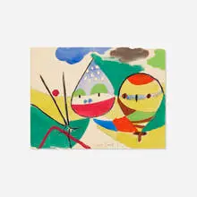 Clown & Owl by Paul Rand, c. 1950, acrylic, graphite and charcoal on paper, sold Sep 2018