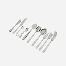 Shigeo Fukuda, Hi-Sense flatware, c. 1990, chrome-plated steel, sterling silver
