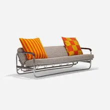 convertible sofa, model 63 by Alvar Aalto, 1930, chrome-plated steel, upholstery, lacquered wood, sold Sep 2018