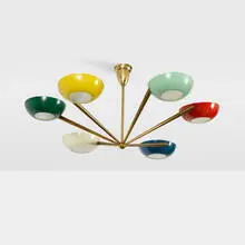 chandelier by Stilnovo, c. 1960, brass, enameled aluminum, frosted glass, sold Jul 2018