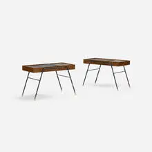 occasional tables, pair by Milo Baughman, c. 1950, walnut, lacquered masonite, glass, enameled aluminum, rubber, sold Jul 2018