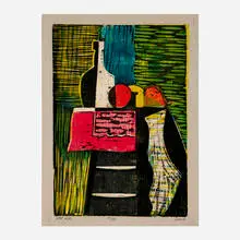 Still Life by Josef Zenk, woodcut in colors, sold Dec 2023