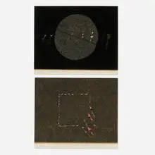 Joshua Neustein, Beginnings of Chaos; Flowers over Rhetoric (two works from the Carbon series), carbon paper and tissue paper collage