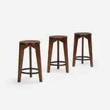 set of three stools from Punjab University, Chandigarh by Pierre Jeanneret, c. 1965, lacquered teak, steel, sold Jul 2018