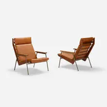 Rob Parry, Lotus lounge chairs, pair, c. 1955, walnut, enameled steel, leather, plastic