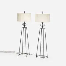 floor lamps, pair by Tommi Parzinger, c. 1950, wrought iron, linen, sold Jul 2018