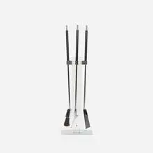 Alessandro Albrizzi, firetools and stand, c. 1970, chrome-plated steel, acrylic, chrome-plated brass, lacquered wood