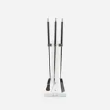 Alessandro Albrizzi, firetools and stand, c. 1970, chrome-plated steel, acrylic, chrome-plated brass, lacquered wood