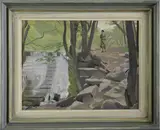 Stephen Bone, Untitled, Stephen Bone (1904-1958) Beside the weir oil on board 25 x 33.5cm .