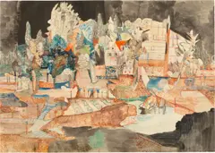 Gerhard Altenbourg, Garten an der Spinnbahn, 1951, Aquarell, chinesische Tusche und blaue Tinte auf Papier. Auf Bütten aufgezogen