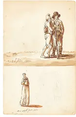 Caspar David Friedrich, Zwei wandernde alte Bauern, Frau mit Krug, langer Mann, 1801, Bleistift und Feder in Sepia, laviert, auf Papier, beidseitig