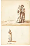 Caspar David Friedrich, Zwei wandernde alte Bauern, Frau mit Krug, langer Mann, 1801, Bleistift und Feder in Sepia, laviert, auf Papier, beidseitig