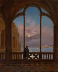 Carl Gustav Carus, Erinnerung an Neapel (Mondnacht über dem Mittelmeer), Um 1832, Öl auf Papier auf Pappe